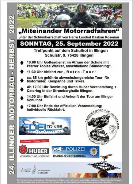 Veranstaltungshinweis für die Motorrad Ausfahrt für Behinderte Menschen im September den XXV in Illingen Baden-Württemberg