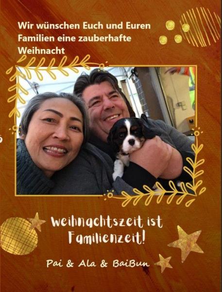 Bild zeigt Weihnachtswünsche von Alexander Lang Pai lang und BaiBun dem Hündchen 