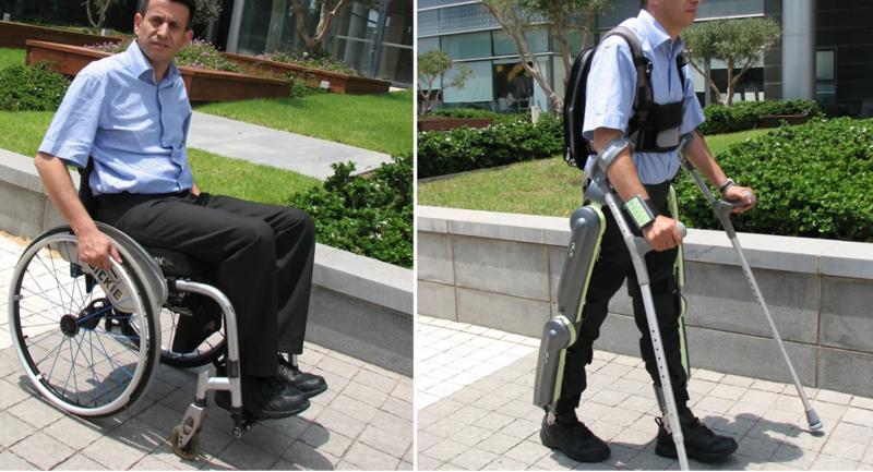 Mann im Rollstuhl / gleicher Mann mit ReWalk Robotic Exoskelt