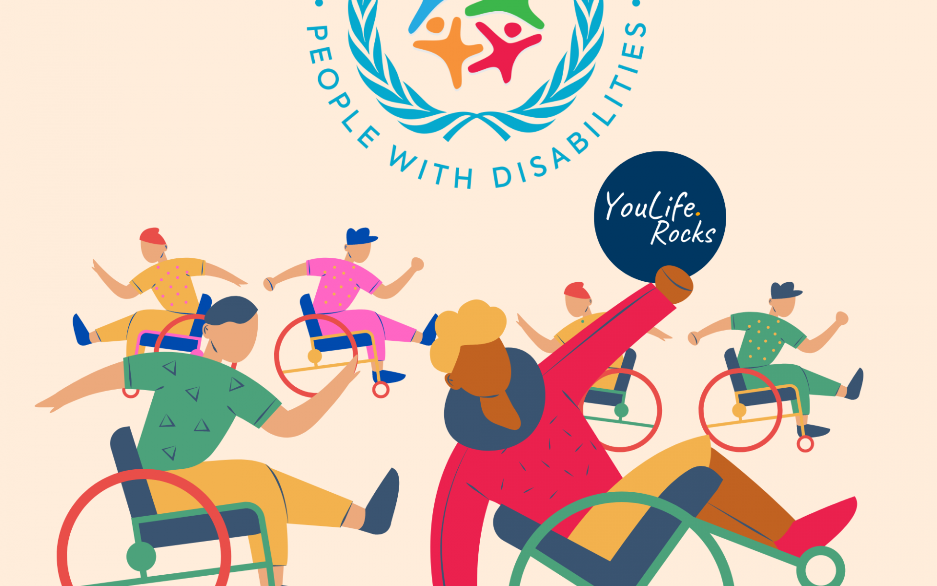 Stilisierte Menschen im Rollstuhl tanzen und haben Spass. Eine Person hält das YouLife.Rocks-Logo in der Hand. Über der Menge schwebt das Logo des IDPWD