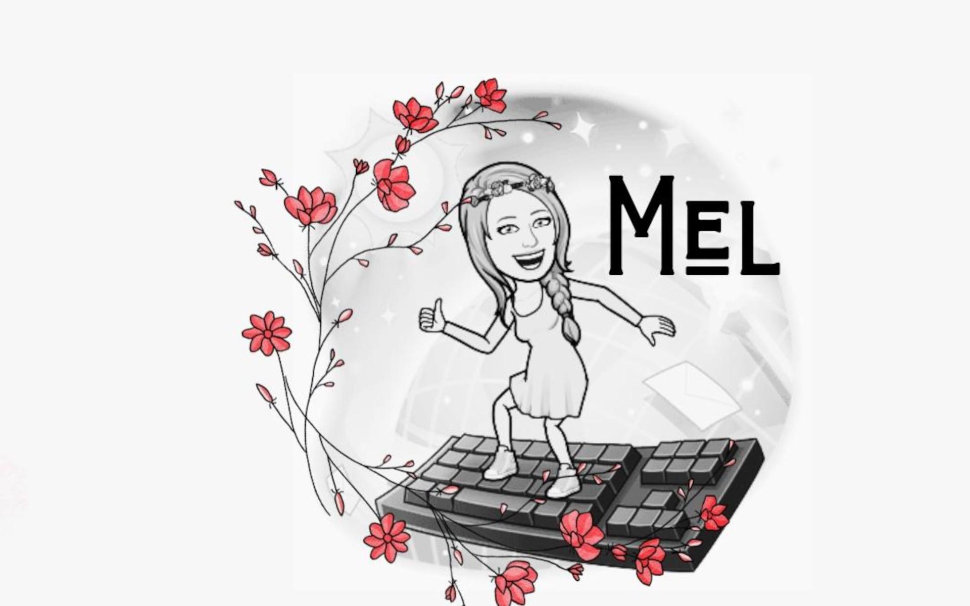 Zeichnung einer Frau im Trägerkleid, mit zum Zopf geflochtenem schulterlangem Haar und einem Blumenkranz als Kopfschmuck, surft auf einer Tastatur als Surfbrett. Links wird das Bild umrahmt von einem Blumenzweig, Rechts steht in großen Lettern "MEL"."