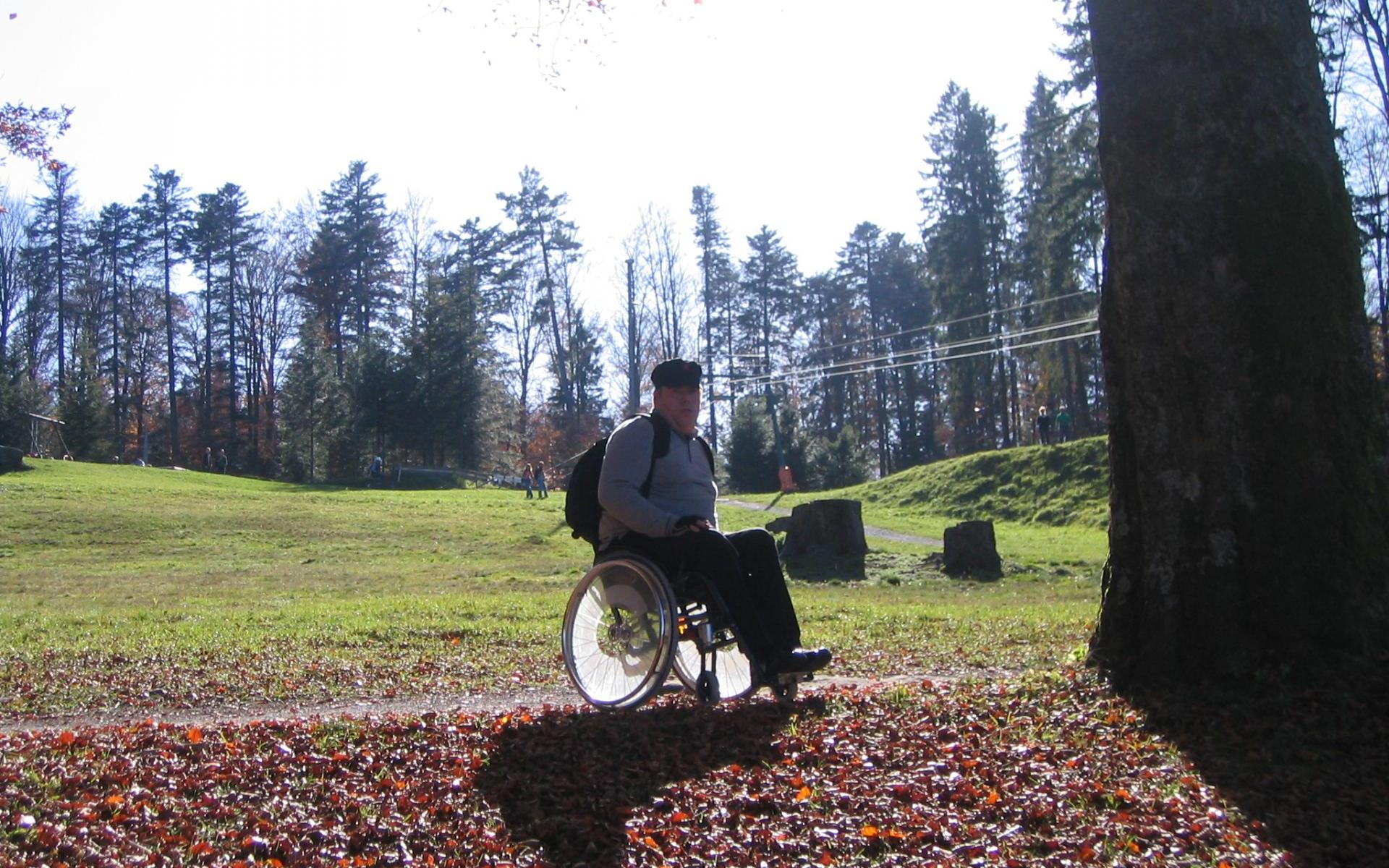 June mit Rollstuhl beim wandern im herbstlichen Schwarzwald