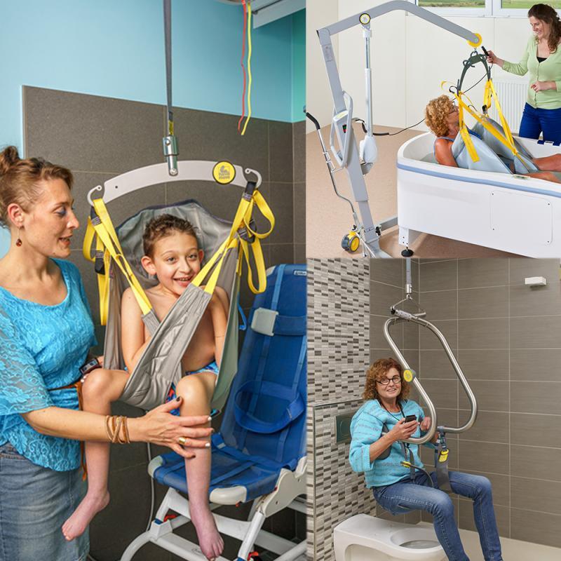 linkes Bild: Kind im Hebetuch, von Deckenlifter angehoben, seitlich daneben die betreuende Mutter. Bild rechts oben: Betreuerin hebt Frau mit mobilem Lifter in Badewanne. Bild rechts unten: Frau auf Toilette, transportiert sich selbstständig mit Deckenlifter und Hebebügel dort hin für selbstständige Benutzung des WC. 